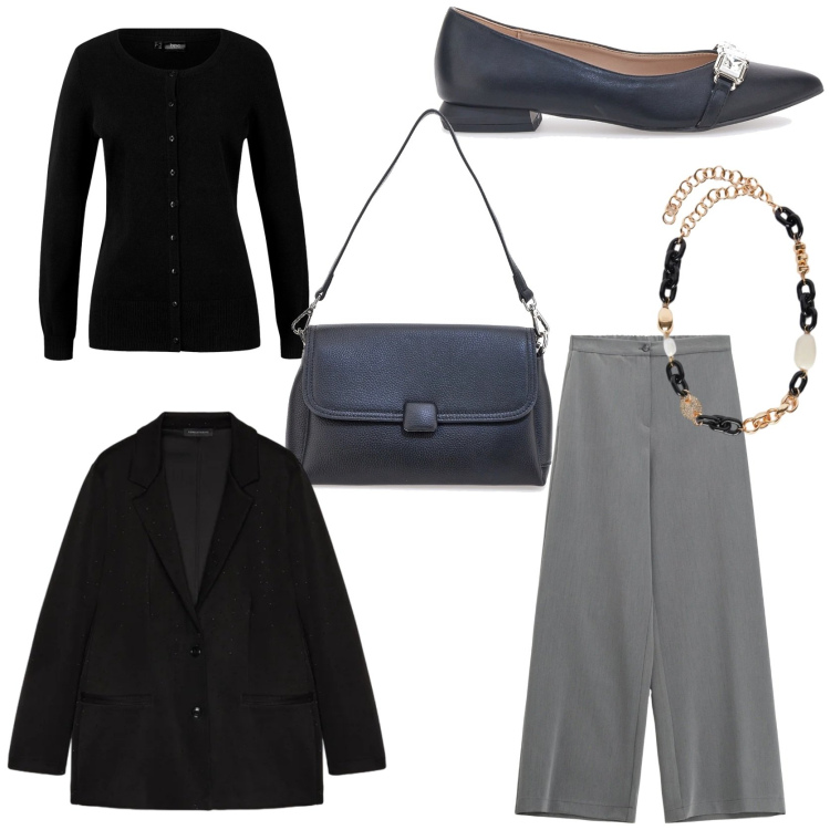 Outfit donna - Eleganza comfy chic. Stile Chic per Tutti i giorni. Abbinamento con cardigans, pantaloni a palazzo, ballerine, collane, blazer, borse a spalla.