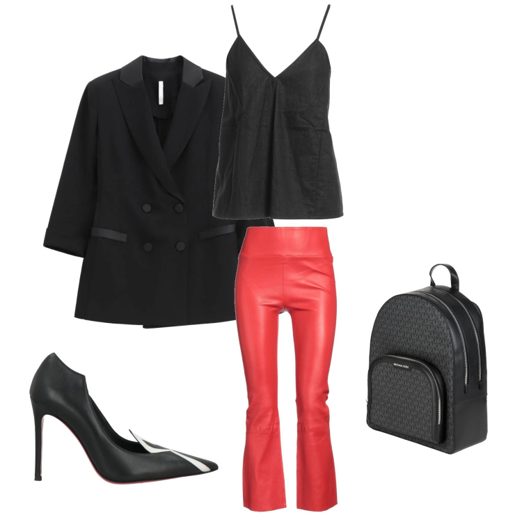 Outfit donna - Red Flare. Stile Urban per Tutti i giorni. Abbinamento con leggings, zaini, décolleté, top, blazer.