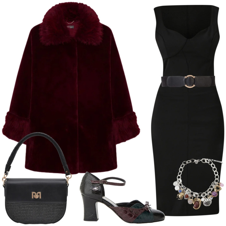 Outfit donna - Fashion Retrò & Love. Stile Vintage retrò per Serata fuori. Abbinamento con cinture, décolleté, braccialetti con ciondoli, vestiti a tubino, borse a spalla, cappotti.