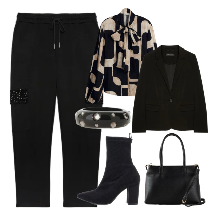 Outfit donna - Stile curvy. Stile Casual chic per Tutti i giorni. Abbinamento con camicie, borse a mano, anelli, stivaletti, blazer, pantaloni cargo.
