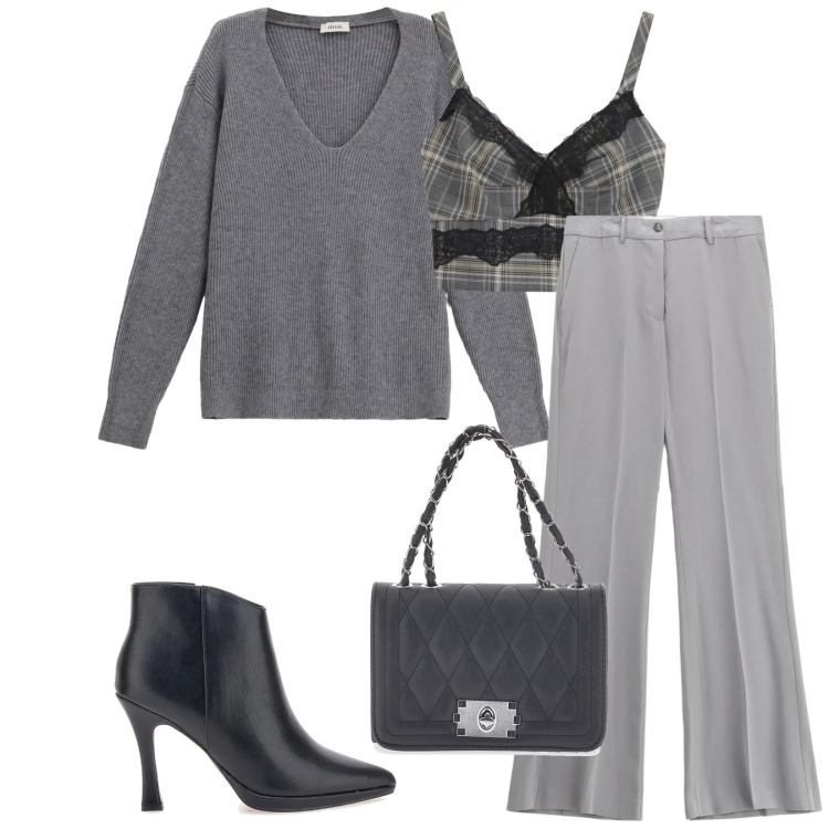 Outfit donna - Total look #2334034. Stile Chic per Serata fuori. Abbinamento con top, maglieria, pantaloni, borse a tracolla, stivaletti.