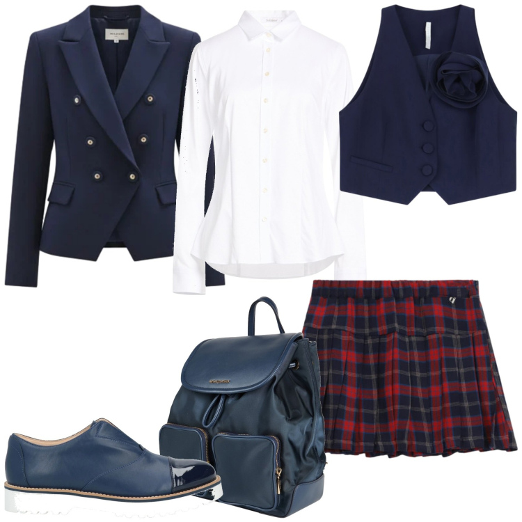 Outfit donna - Stile British. Stile Bon Ton per Tutti i giorni. Abbinamento con mocassini, zaini, camicie, gilet, minigonne, blazer.