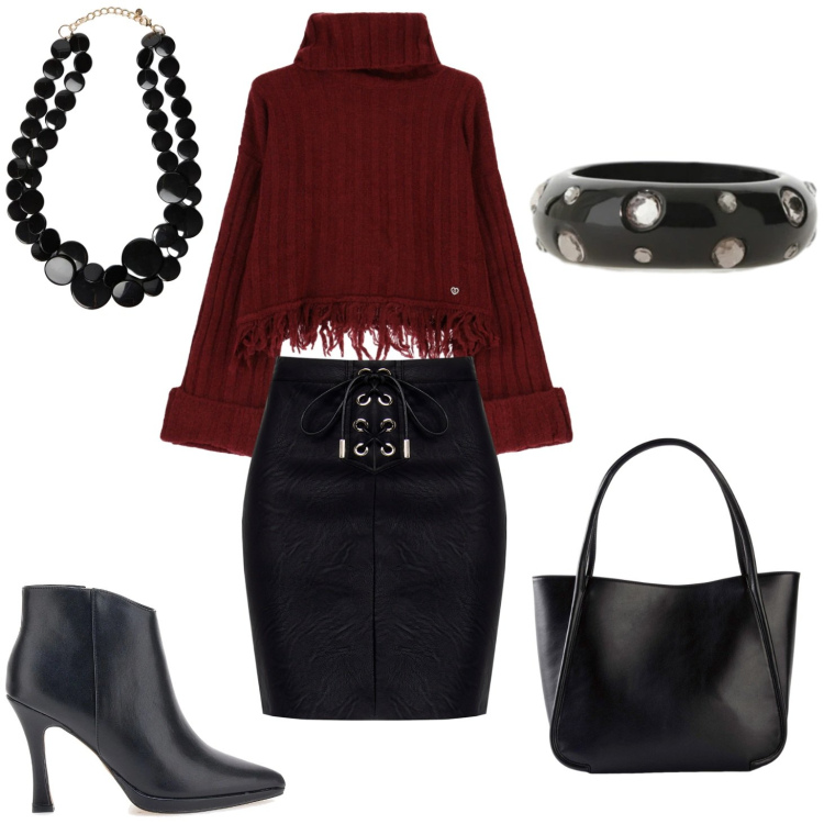 Outfit donna - Rosso e nero sexy. Stile Sexy per Serata fuori. Abbinamento con shopping bag, anelli, minigonne, maglieria, collane, stivaletti.