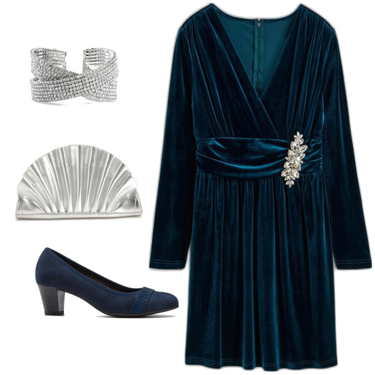 Outfit femme - Robe velours. Style Bon Ton pour Cérémonie. Assortir avec bracelets, robes longues, chaussures à talon, pochette.