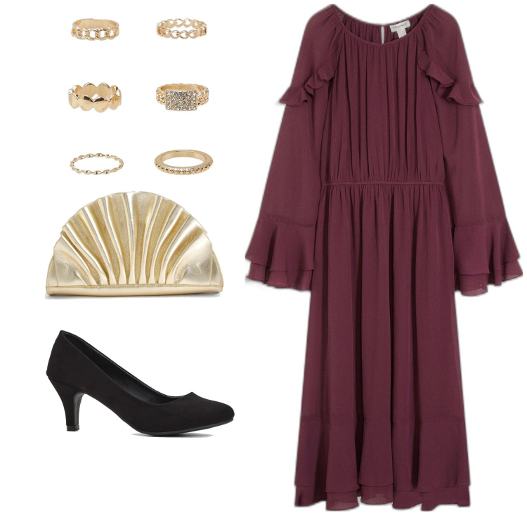 Outfit femme - Robe à volants. Style Boho pour Cérémonie. Assortir avec robes, chaussures à talon, bagues, pochette.