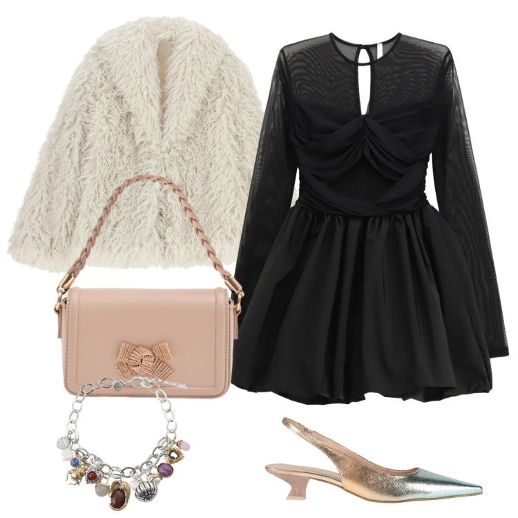 Outfit donna - Love, but make it Fashion. Stile Chic per Serata fuori. Abbinamento con décolleté, vestiti corti, ecopellicce, braccialetti con ciondoli, pochette.