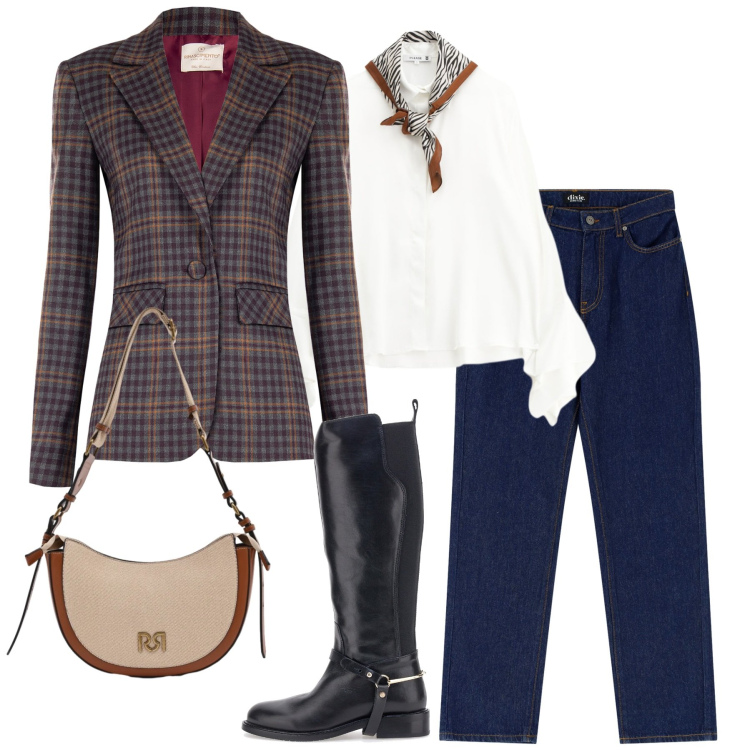 Outfit donna - British style. Stile Casual chic per Tutti i giorni. Abbinamento con jeans dritti, blazer, borse a tracolla, camicie, stivali.