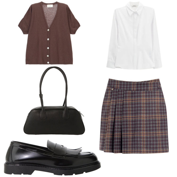 Outfit donna - Eleganza british. Stile Mannish per Ufficio. Abbinamento con cardigans, mocassini, camicie, borse a mano, minigonne.