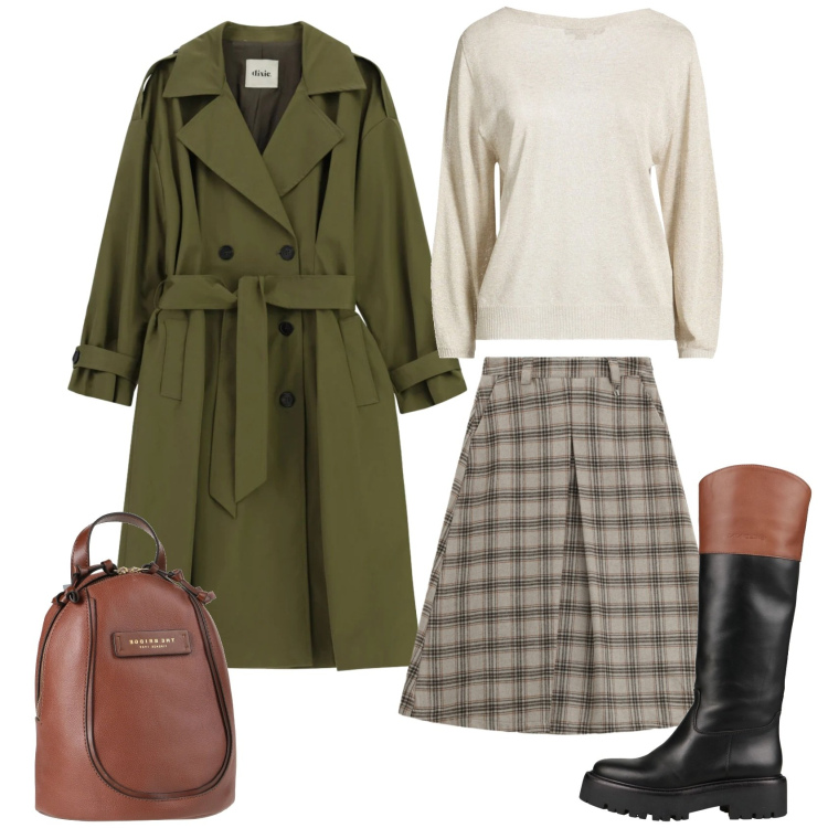 Outfit donna - Molto British. Stile Casual per Tutti i giorni. Abbinamento con pullovers, stivali, zaini, gonne longuette, trench.