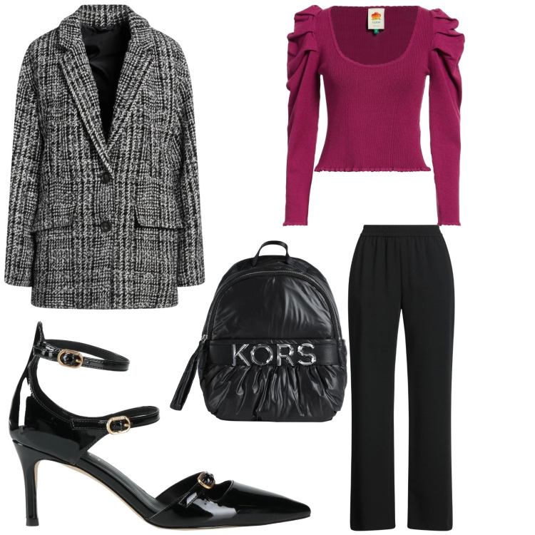 Outfit donna - Decollete\' e pantaloni. Stile Chic per Serata fuori. Abbinamento con décolleté, zaini, cappotti, pullovers, pantaloni.