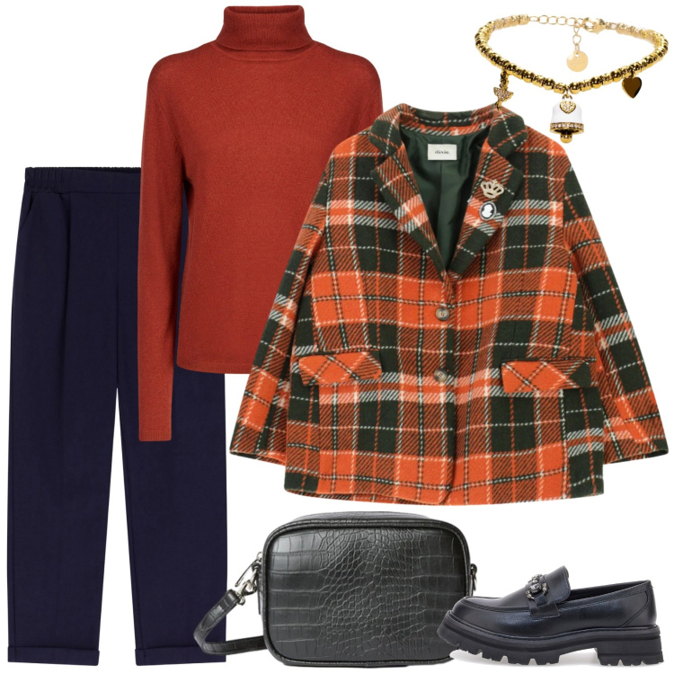 Outfit donna - I gioielli della corona. Stile Casual per Ufficio. Abbinamento con cappotti, pantaloni, braccialetti, pullovers, mocassini, borse a tracolla.