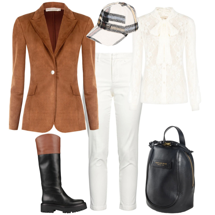 Outfit donna - Trendy ufficio tempo libero. Stile Trendy per Tutti i giorni. Abbinamento con stivali, pantaloni skinny, zaini, cappelli con visiera, camicie, blazer.