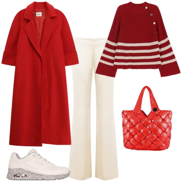 Outfit donna - Sporty chic ufficio week end. Stile Sporty chic per Ufficio. Abbinamento con cappotti, maglieria, pantaloni a palazzo, borse tote, sneakers.