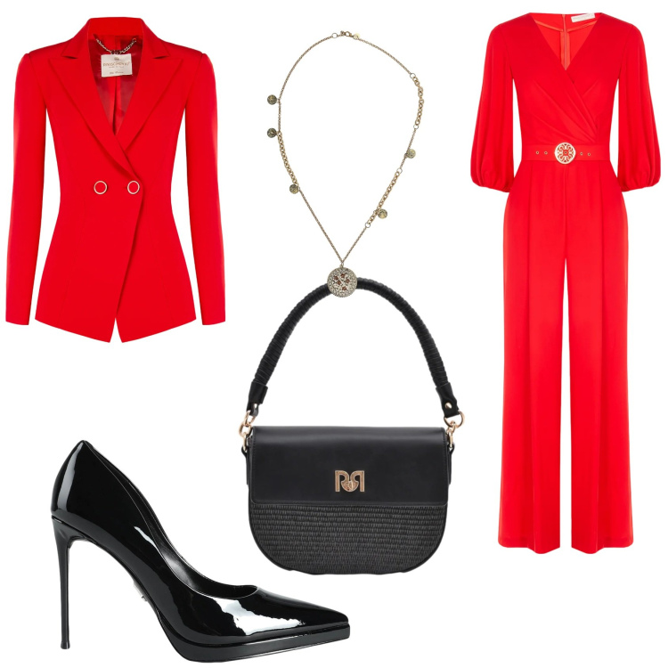 Outfit donna - Rosso intenso il 14 Febbraio. Stile Glamour per Serata fuori. Abbinamento con décolleté, ciondoli, tute, blazer, borse a spalla.