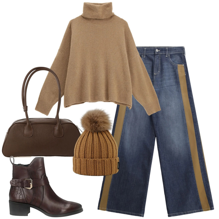 Outfit donna - City. Stile Casual per Tutti i giorni. Abbinamento con maglieria, borse a mano, jeans a zampa, berretti, stivaletti.