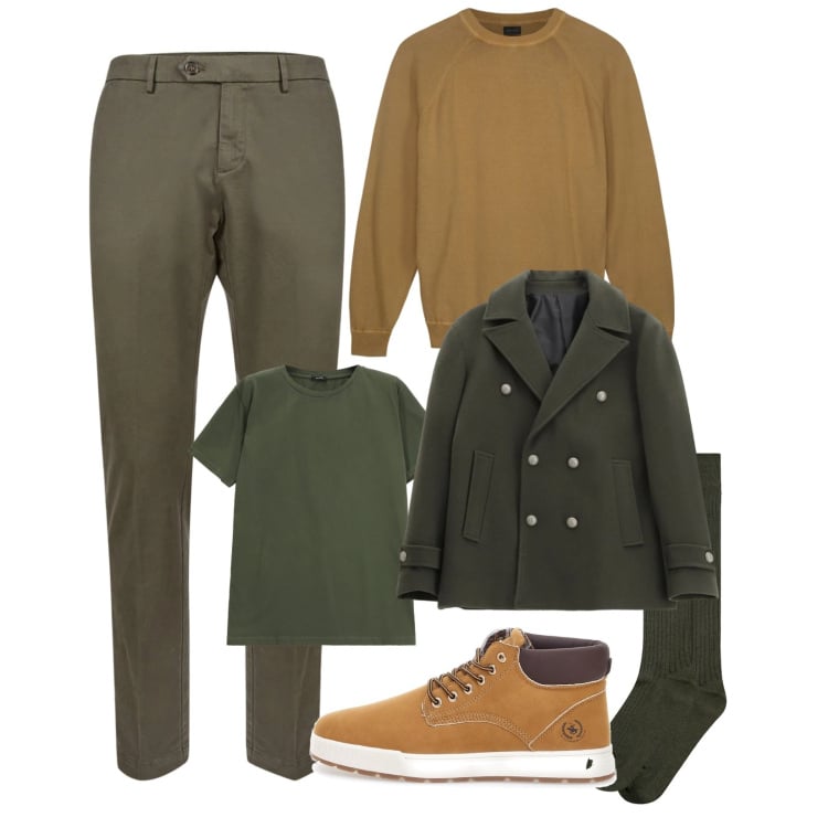 Outfit uomo - Uscita improvvisata. Stile Urban per Tutti i giorni. Abbinamento con cappotti, t-shirt, pantaloni chino, maglieria, stivali e stivaletti, calzini.