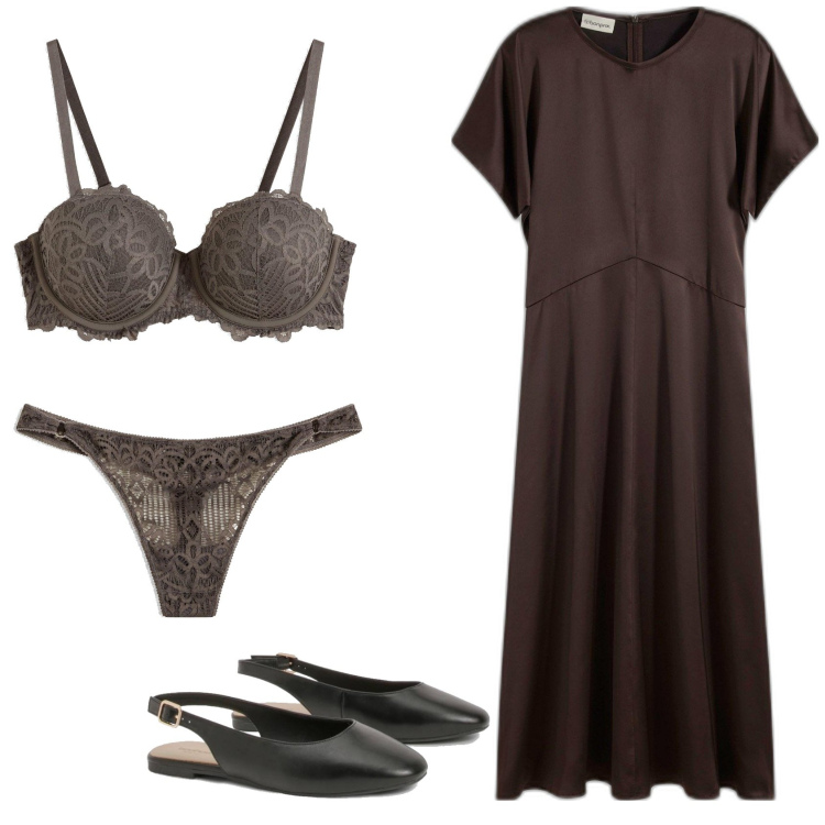 Outfit femme - Marron glacé. Style Basique pour Tous les jours. Assortir avec robes longues, soutiens-gorge balconnet, strings, ballerines.