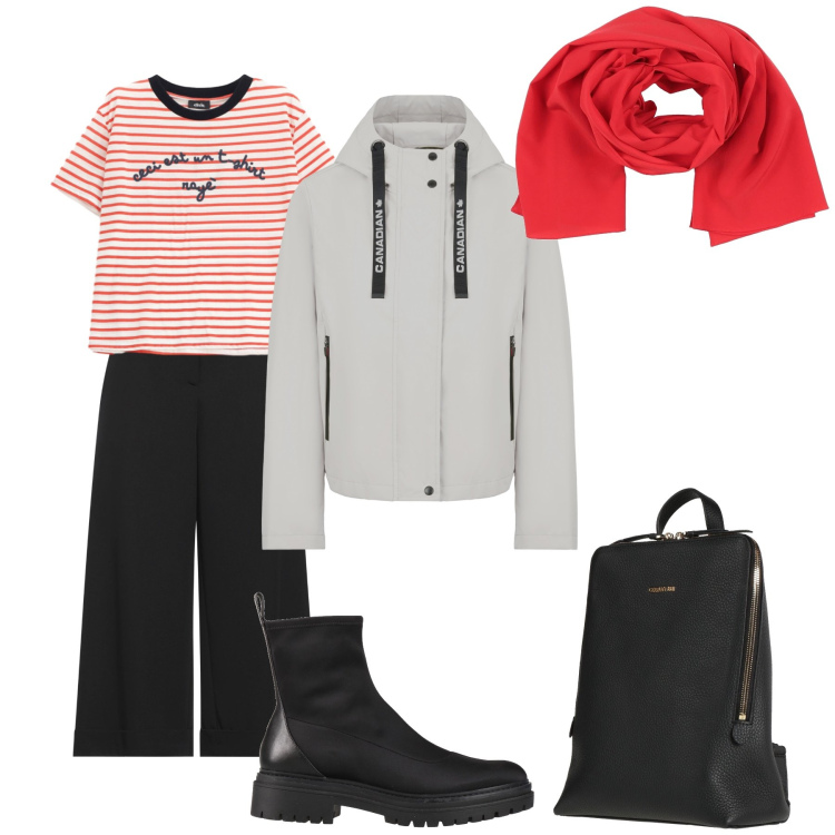Outfit donna - Gita. Stile Sporty chic per Tutti i giorni. Abbinamento con stivaletti, sciarpe, zaini, pantaloni, t-shirt, blazer.