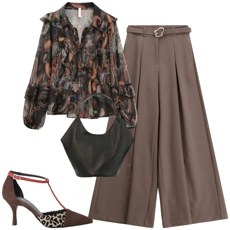 Outfit donna - Febbraio. Stile Trendy per Tutti i giorni. Abbinamento con pantaloni, camicie, décolleté, borse a spalla.