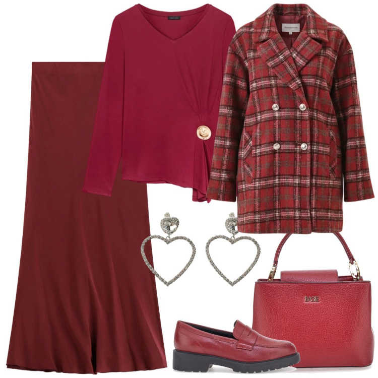 Outfit donna - Rosso cuore a febbraio. Stile Romantica per Serata fuori. Abbinamento con gonne lunghe, orecchini, cappotti, borse a mano, mocassini, t-shirt.