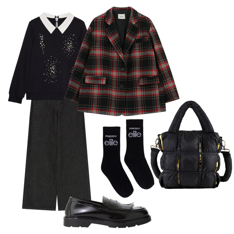 Outfit donna - Lido caldo. Stile Mannish per Tutti i giorni. Abbinamento con pantaloni a palazzo, mocassini, blazer, calzini, borse a mano, felpe.