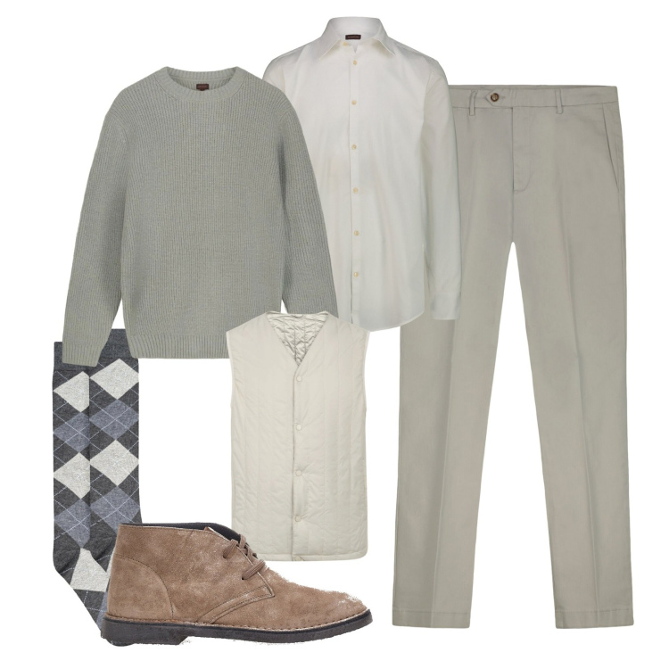 Outfit uomo - Colori luminosi. Stile Urban per Tutti i giorni. Abbinamento con maglieria, piumini, pantaloni chino, stivali e stivaletti, camicie, calzini.