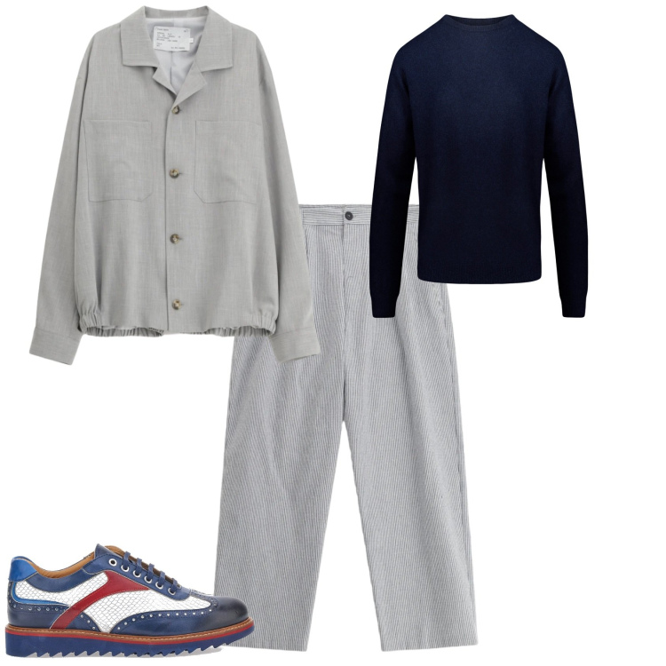 Outfit uomo - Trendy tempo libero week end. Stile Trendy per Tutti i giorni. Abbinamento con pantaloni, cappotti, scarpe stringate, maglieria.