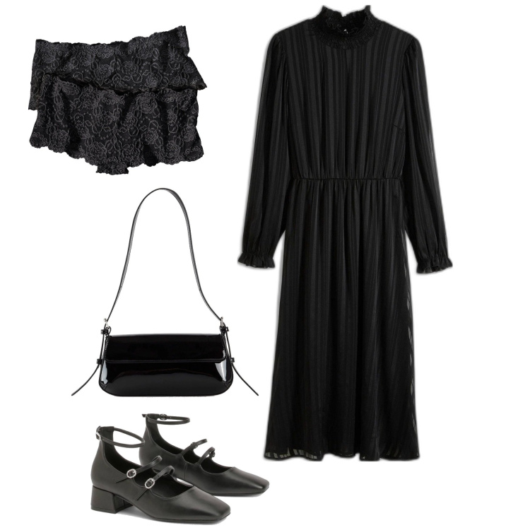 Outfit femme - Black rétro. Style Vintage rétro pour Soirée dehors. Assortir avec jupes-culotte, robes mi-longues/au genou, sacs à main, escarpins.