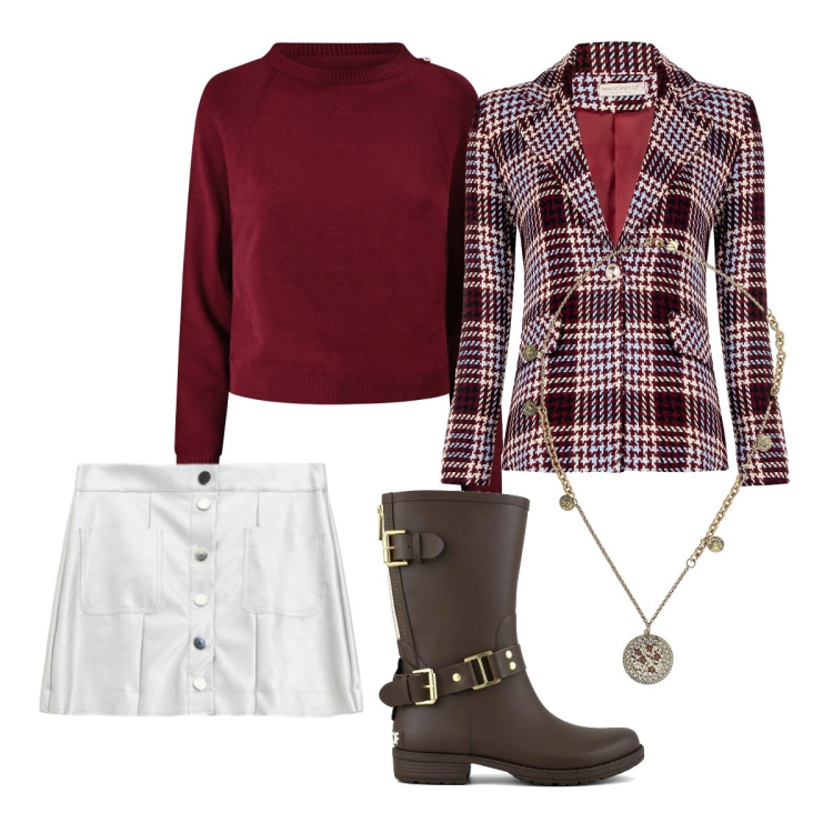 Outfit donna - Eleganza classica stile british. Stile Preppy per Tutti i giorni. Abbinamento con ciondoli, minigonne, blazer, maglieria, stivali.