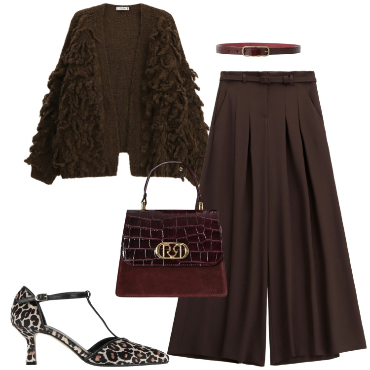 Outfit donna - Moro. Stile Trendy per Tutti i giorni. Abbinamento con décolleté, pantaloni a palazzo, cinture, borse a mano, cardigans.