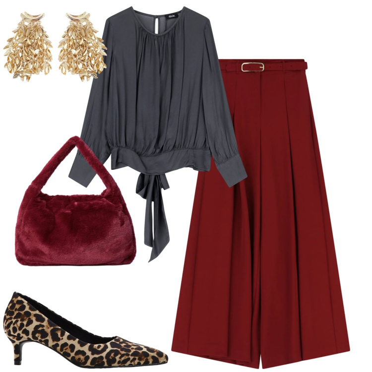 Outfit donna - I pantaloni rossi a febbraio. Stile Glamour per Tutti i giorni. Abbinamento con décolleté, pantaloni, orecchini, bluse, borse a spalla.