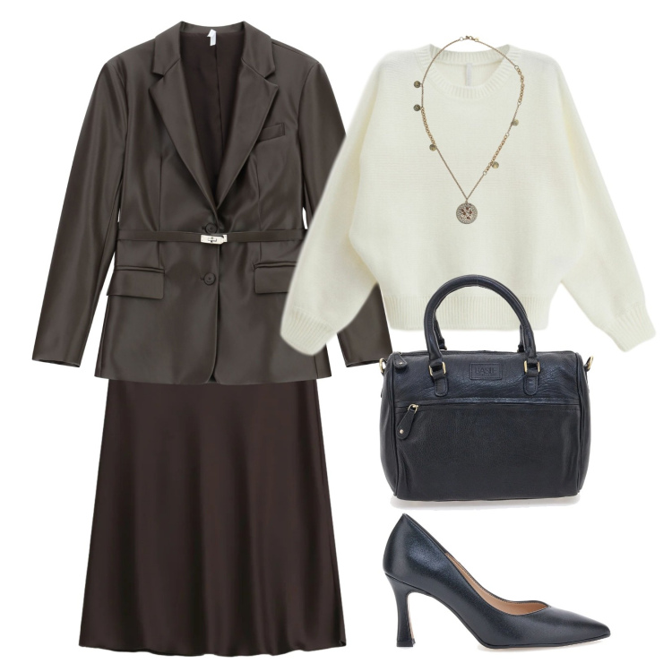 Outfit donna - Giacca in pelle. Stile Bon Ton per Tutti i giorni. Abbinamento con blazer, maglieria, ciondoli, gonne lunghe, borse a tracolla, décolleté.