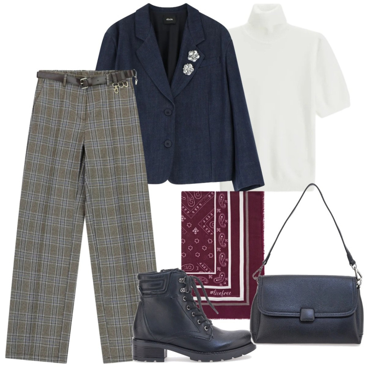 Outfit donna - Stile British in tendenza. Stile Mannish per Ufficio. Abbinamento con pantaloni a palazzo, maglieria, blazer, foulard, borse a spalla, anfibi.