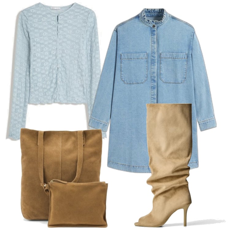 Outfit mujer - Casual chic #1571. Estilo Casual chic para Todos los días. Combinación con cárdigans, bolso tote, botas, vestidos cortos.