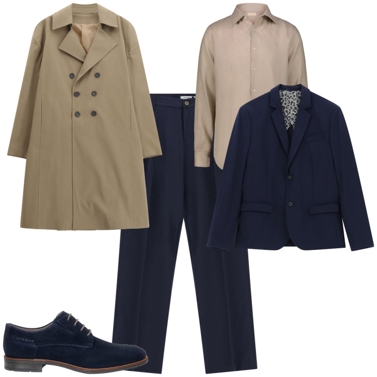 Outfit uomo - In ufficio con eleganza. Stile Business/Elegante per Ufficio. Abbinamento con trench, giacche, pantaloni, scarpe stringate, camicie.
