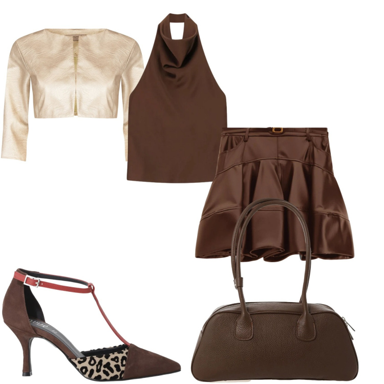 Outfit donna - Minigonna in marrone. Stile Glamour per Tutti i giorni. Abbinamento con minigonne, top, décolleté, borse a mano, bolero.