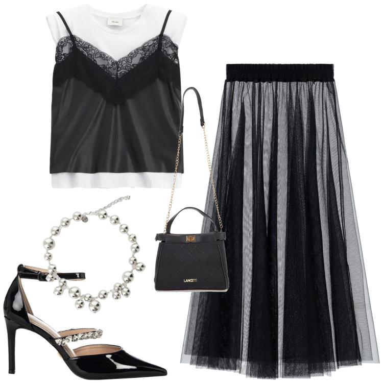 Outfit donna - Serata. Stile Glamour per Serata fuori. Abbinamento con gonne lunghe, top, collane, décolleté, borse a tracolla.