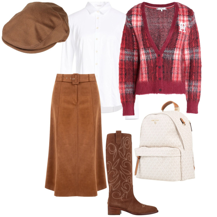 Outfit donna - Rosso febbraio. per Ufficio. Abbinamento con stivali, cappelli, camicie, zaini, cardigans, gonne longuette.