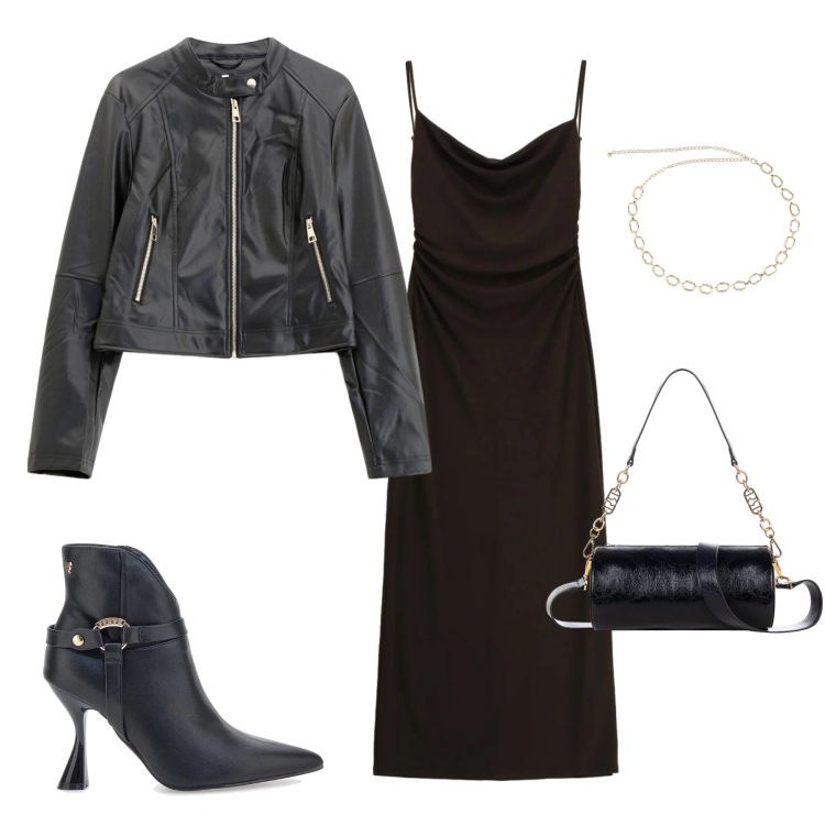 Outfit donna - Total black with love. Stile Casual chic per Serata fuori. Abbinamento con giacche, collane, borse a mano, vestiti, stivaletti.