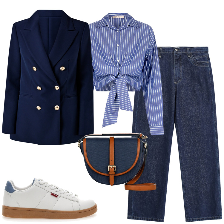 Outfit donna - Jeans and jacket. Stile Casual chic per Tutti i giorni. Abbinamento con borse a tracolla, camicie, blazer, jeans dritti, sneakers.