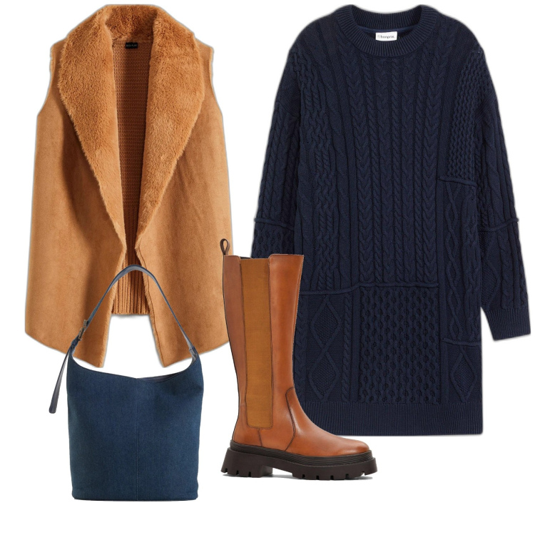 Outfit femme - Robe maille torsadée. Style Casual pour Tous les jours. Assortir avec robes, gilets sans manche, sacs seau, bottes.