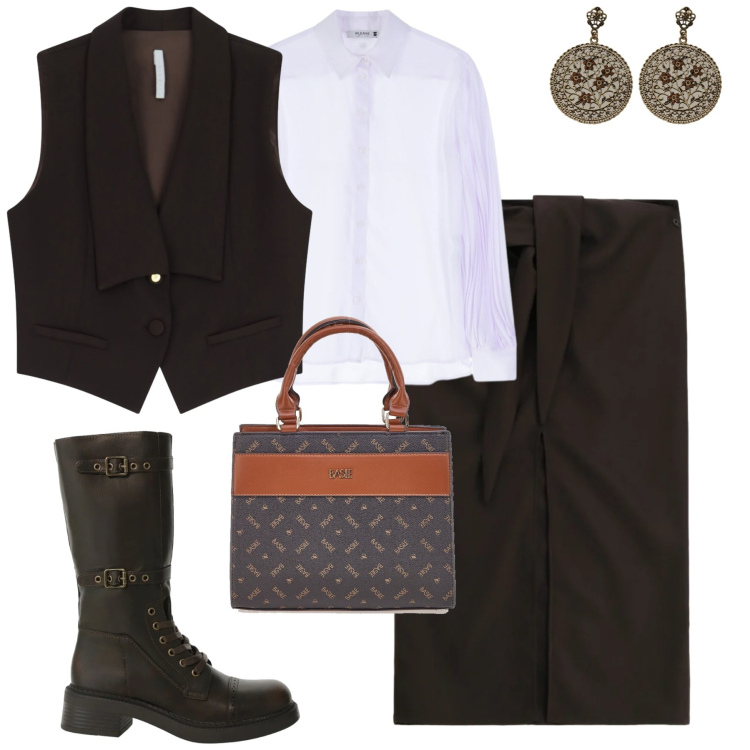 Outfit donna - Febbraio. Stile Casual chic per Tutti i giorni. Abbinamento con stivali, gilet, gonne lunghe, orecchini, camicie, borse a mano.