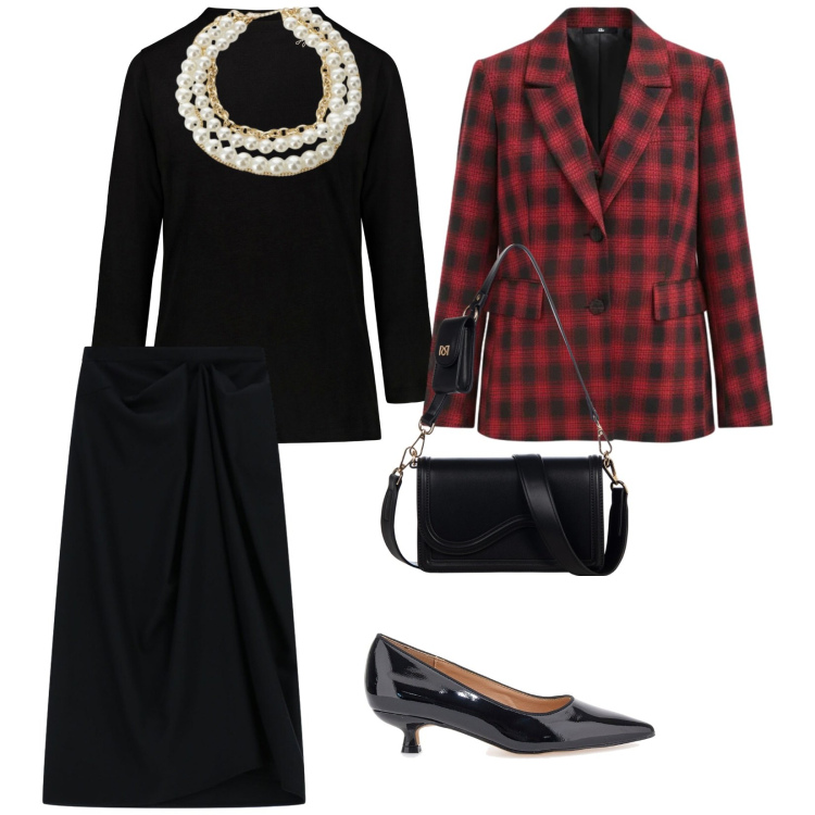 Outfit donna - British. per Serata fuori. Abbinamento con gonne longuette, collane, blazer, pochette, t-shirt, décolleté.