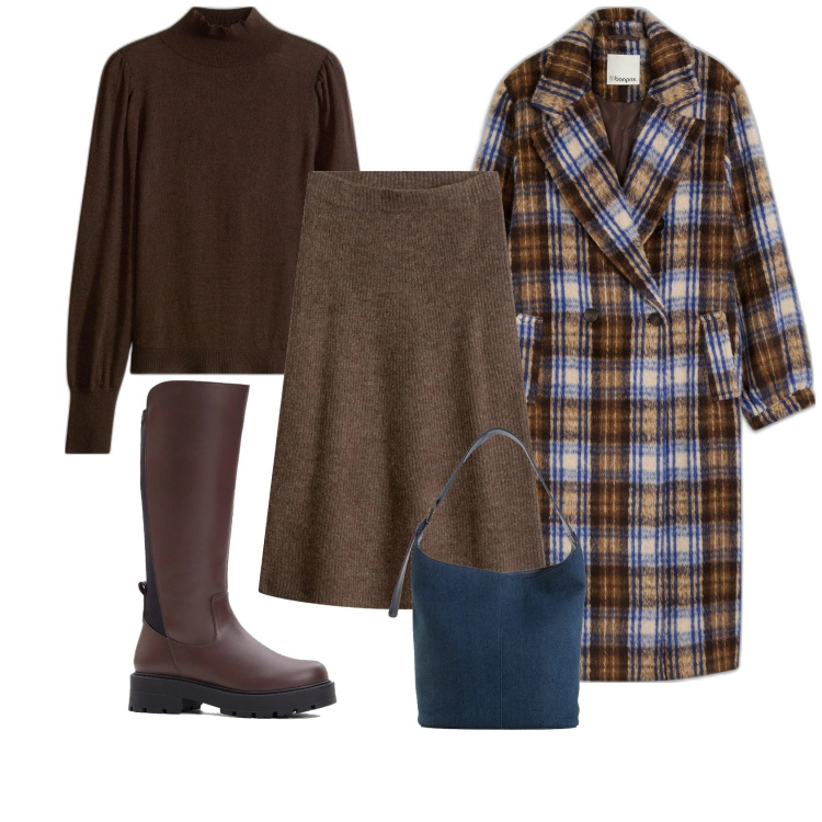 Outfit femme - Maille et carreaux. Style Casual pour Tous les jours. Assortir avec robes longues, sacs seau, pulls, bottes, manteaux.