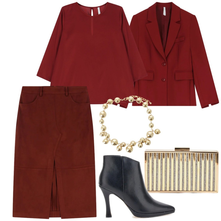 Outfit donna - Rosso cuore a febbraio. Stile Chic per Serata fuori. Abbinamento con top, blazer, gonne longuette, collane, clutch, stivaletti.