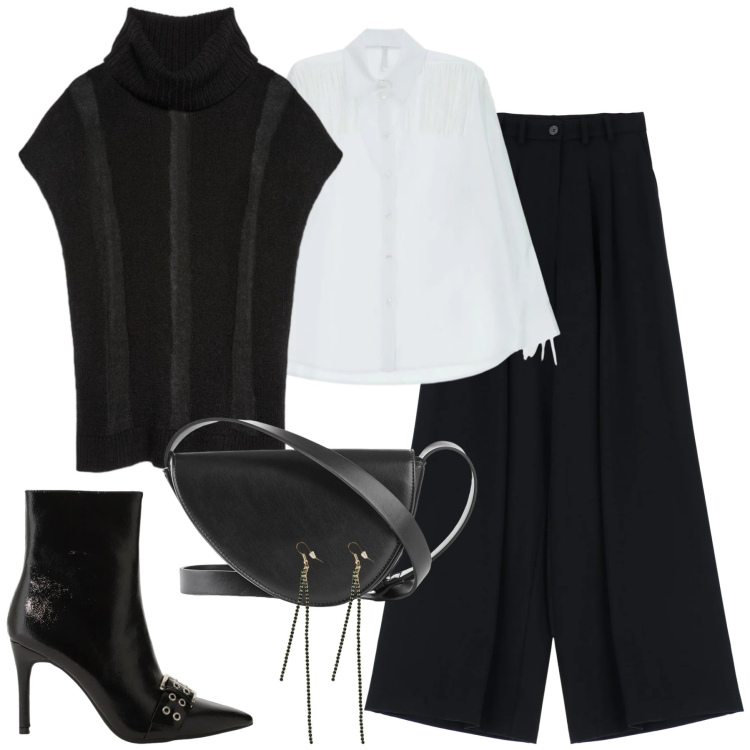 Outfit donna - City. Stile Urban per Tutti i giorni. Abbinamento con borse a tracolla, camicie, stivaletti, orecchini, pantaloni, gilet.