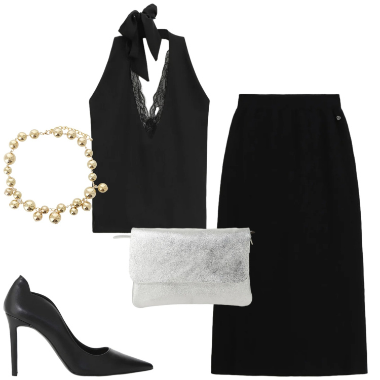 Outfit donna - Serata. Stile Minimal per Serata fuori. Abbinamento con collane, décolleté, borse a spalla, top, gonne lunghe.