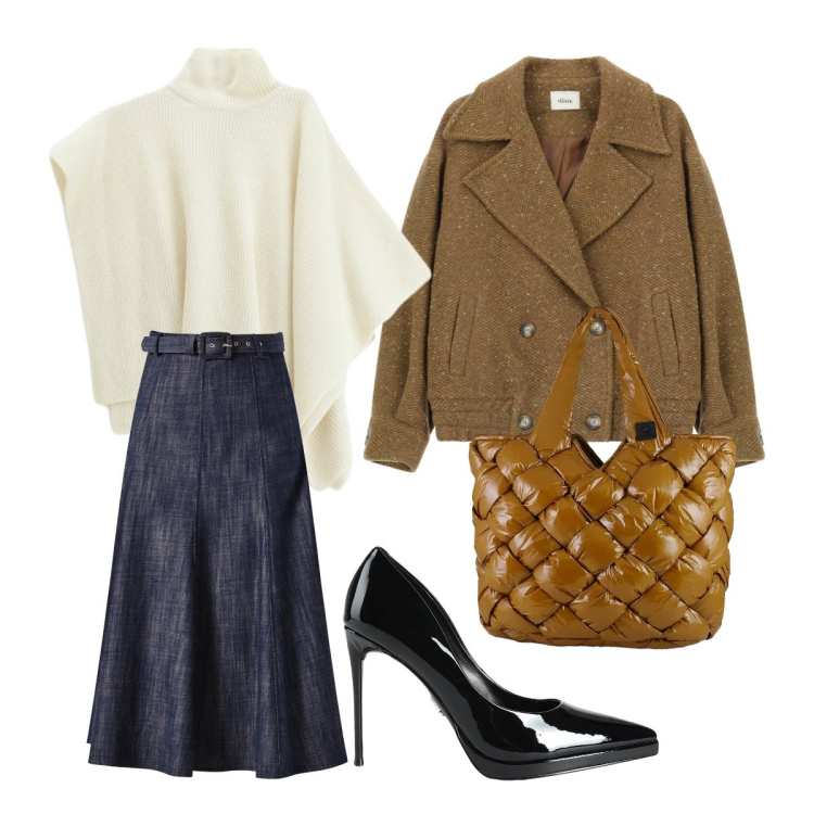 Outfit donna - Décolleté mania. Stile Basic per Ufficio. Abbinamento con décolleté, maglieria, cappotti, gonne longuette, borse tote.