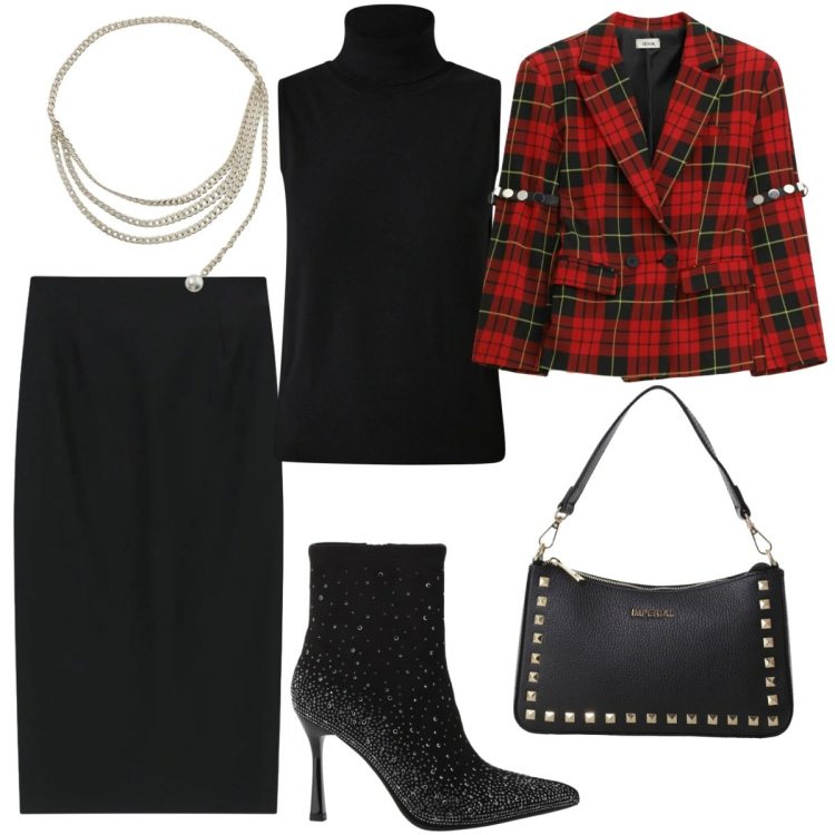 Outfit donna - Giacca a quadri e gonna a tubino. Stile Chic per Serata fuori. Abbinamento con pochette, stivaletti, gonne longuette, collane, blazer, maglieria.