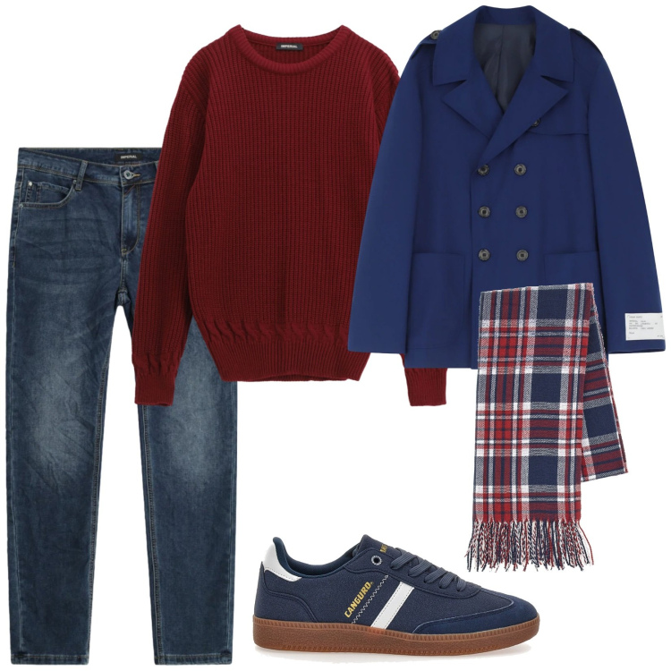 Outfit uomo - Mix and match. Stile Casual per Tutti i giorni. Abbinamento con maglieria, caban, jeans slim fit, sciarpe, sneakers.